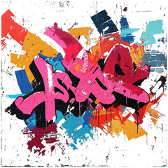 Vibrant abstract graffiti art on a white wall, featuring dynamic geometric shapes and colorful splatters in a street art style