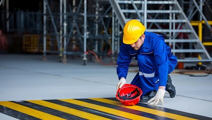 Worker in blue uniform and yellow hard hat with red helmet industrial