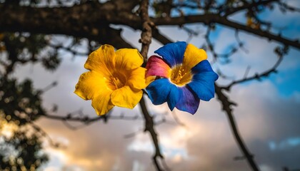 Dua bunga cerah, satu kuning dan satu lagi dengan kelopak biru dan kuning, mekar di cabang dengan latar belakang langit yang lembut