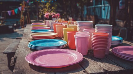Colorful plastic plates and cups arranged on a rustic wooden table outdoors