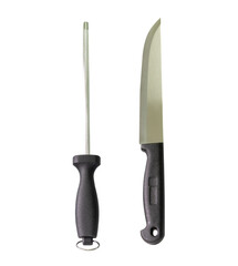 Single silver kitchen knife and one sharpening steel or honing steel with black handles isolated with clipping path in png file format
