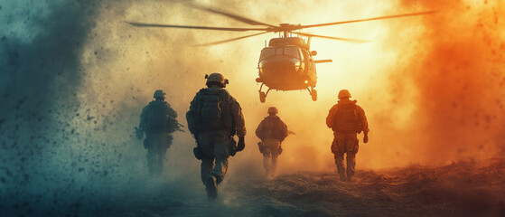 Fototapeta premium Soldiers getting out of a helicopter against a sunset backdrop, useful for articles on military operations and training.