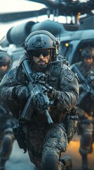 Obraz premium Soldier in full combat gear with weapons at the ready, useful for articles on military training and tactics.