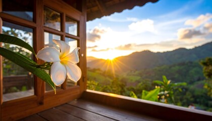 Bunga plumeria putih mekar di latar depan dengan matahari terbenam keemasan yang hangat di atas pegunungan hijau subur yang dilihat dari balkon kayu