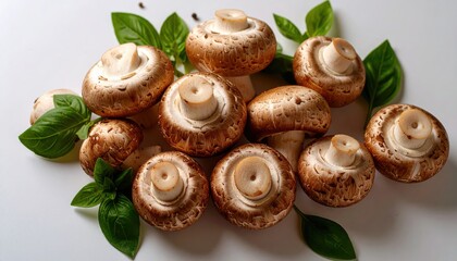Fresh mushrooms with basil leaves, ready to be cooked 