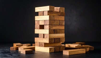Wooden blocks tower on dark surface