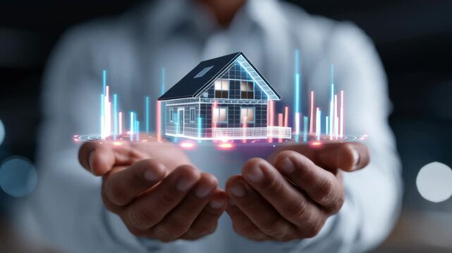 A businessman's hands present a holographic house with digital data, representing the future of real estate, proptech, smart home technology, and architectural innovation