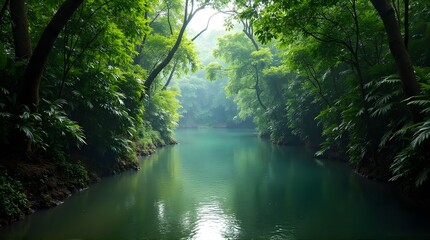 Obraz premium Serene Green River flowing through Lush Jungle