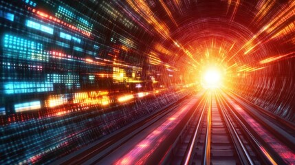 Digital tunnel with vibrant data streams and bright light at the end