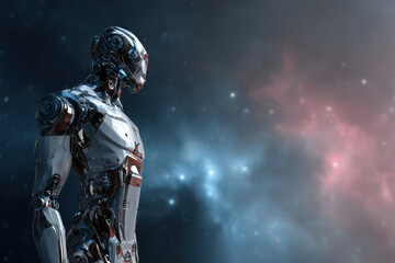Naklejka premium futuristic robot stands against pristine background in deep space
