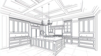 Fototapeta premium Detailed architectural drawing of a luxury kitchen design.