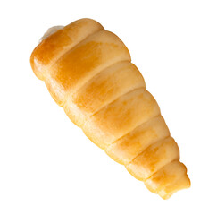 Side view of single puff pastry cream horn isolated on white background with clipping path