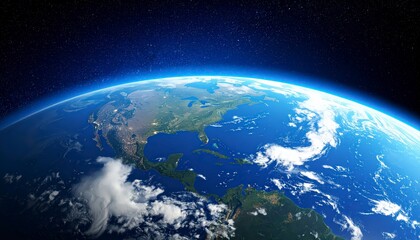 Bright daylight view of Earth from space, visible continents and swirling