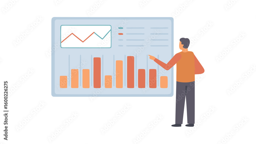 Poster man presenting data on a chart with bar graphs and line graphs in a presentation setting display boa