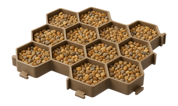 Permeable gravel-filled plastic grids that support stable and environmentally friendly garden paths.