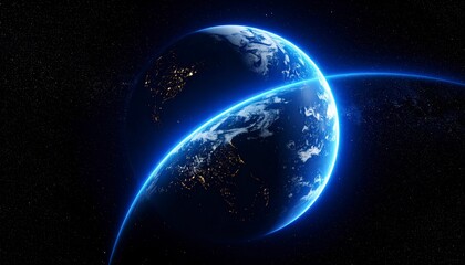 Obraz premium Curved Earth from high orbit, bright glowing blue atmosphere ring, visible cloud swirl