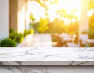 a marble table with a blurred outdoor background, illuminated by sunlight, create a soft and inviting atmosphere