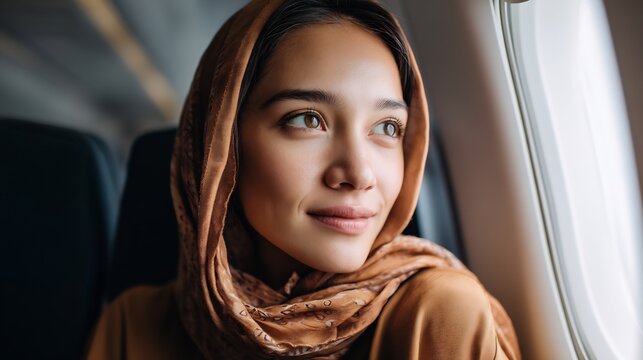 Serene woman with hijab gazes thoughtfully out of airplane window during flight