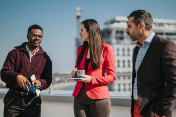 Group of business people having a meaningful conversation during a casual outdoor meeting,...