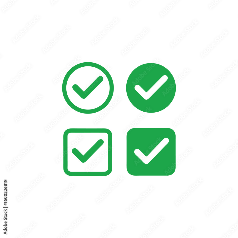 Poster check mark icons depicting success agreement and verification in various shapes and styles for digit