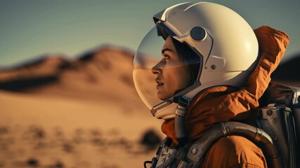Portrait of a woman astronaut in a spacesuit with a helmet against a desert planet landscape - Powered by Adobe