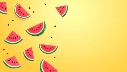Watermelon slices scattered on a yellow background