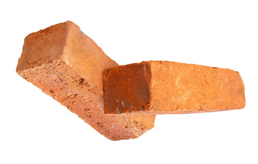 Side view of two cracked old red or orange bricks in stack isolated on white background with clipping path