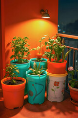 A cozy balcony corner glows under a warm light, showcasing a collection of potted plants in vibrant orange & teal containers. Lush greenery thrives, adding life to the evening ambiance of home garden.