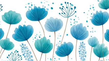 柔らかな透明感が印象的なボタニカルモチーフの花柄パターンデザイン｜春の息吹を感じさせる植物の壁紙素材｜水彩調・自然派・上品・明るい・リーフ・インテリア装飾や背景用途に適した高解像度イラスト