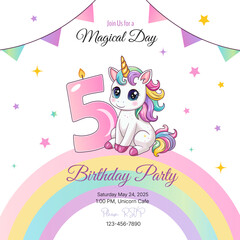 An invitation to a birthday party. Cute unicorn with the number 5. Vector illustration.