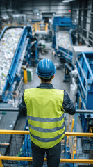 Fototapeta premium Engineer in high-visibility vest and helmet inspecting robotic waste separator, vertical framing shows machinery below, eco-friendly recycling industry atmosphere