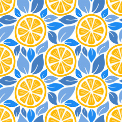 Coastal mediterranean citrus drops and leaves seamless pattern. Summer italian Amalfi coast inspired background design. EPS 10 vector wallpaper.
