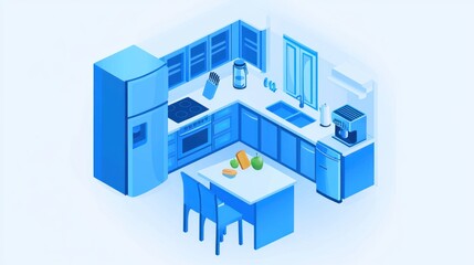 Colorful isometric kitchen design illustration.