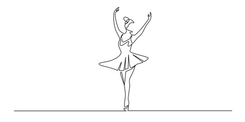 Continuous line drawing of a ballerina dancing gracefully. Minimalist illustration representing elegance, ballet performance, and classical dance in artistic line style.