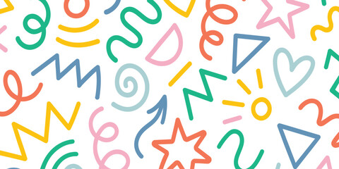 Hand-Drawn Colorful Doodle Seamless Pattern – Fun Abstract Memphis Style Vector Background for Kids, Wrapping Paper, Invitations, and Creative Branding