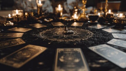 Tarot cards and candles on a table