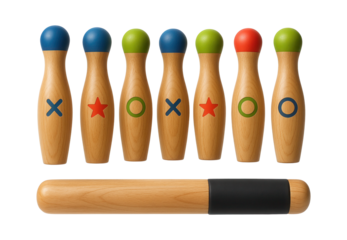 Wooden skittles set with painted numbers and a throwing stick for garden games