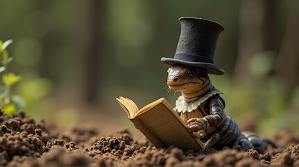 Lizard in Top Hat Reading Book in Forest