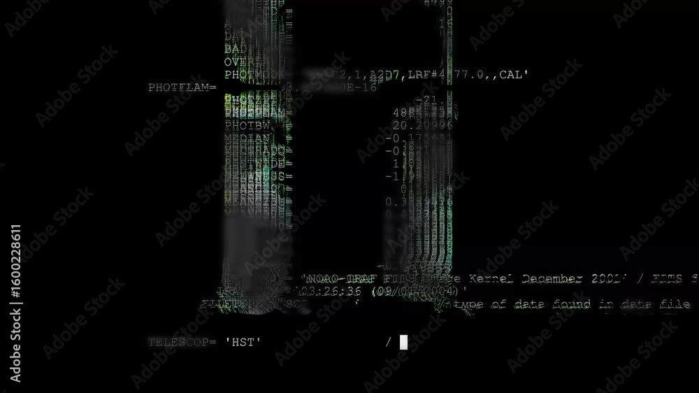 Poster digital code stream with scientific parameters. futuristic scientific computing interface.
