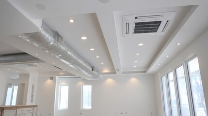 installation of concealed air conditioning system in ceiling, ducts and unit visible in progress, minimal modern room, white surfaces, recessed lighting