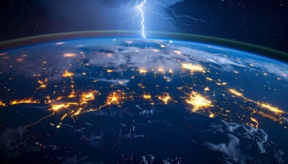 Earth from space at night with scattered lightning flashes in storm zones