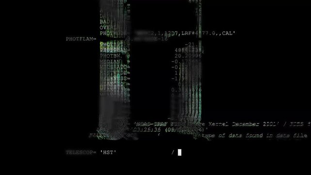 Digital code stream with scientific parameters. Futuristic scientific computing interface.