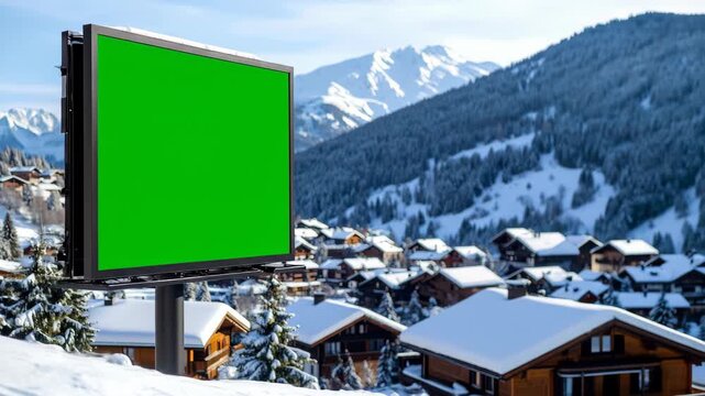 Large Green Screen Billboard for Custom Advertising in a Beautiful Snowy Mountain Resort Scene
