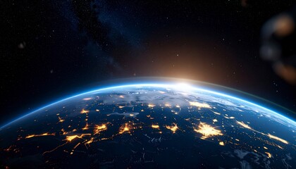 Obraz premium Earth from space with blurry space debris in foreground, curved glowing edge of Earth