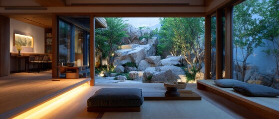 Tranquil indoor space with a view of a zen garden.