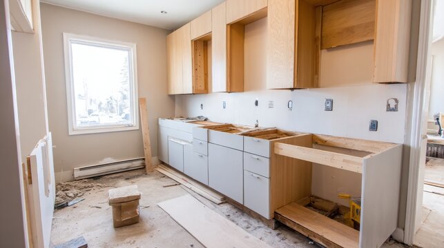 kitchen under renovation, old cabinets removed, bare walls and plumbing exposed, clean debris, modern style update in progress, no people, neat 