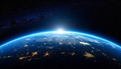 Obraz premium Earth from space with blurry space debris in foreground, curved glowing edge of Earth