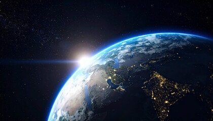Obraz premium Earth from space with bright sunlight emerging from behind the globe