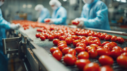 Group of factory workers handling tomatoes on sorting line, focused red tomatoes in foreground, blurred motion of hands, high hygiene food industry setting