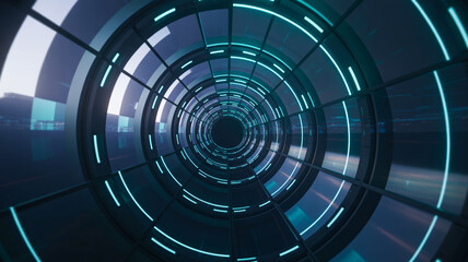 Naklejka premium Futuristic tunnel with glowing blue lights, circular pattern, high tech, immersive, sci fi style